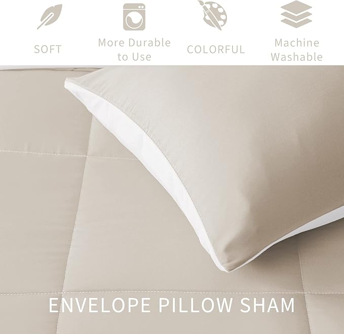 Exclusivo Mezcla Lightweight Reversible Full Queen Size Comforter Set, Down Alternative Comforter with 2 Pillow Sham, Full Queen Size Bedding Set for All Seasons, Brich Beige/White