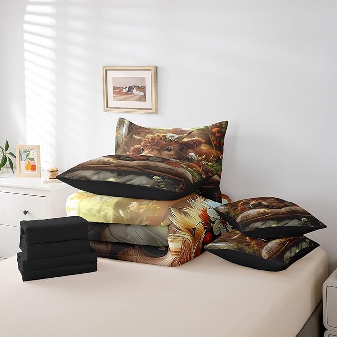 King Size Cute Highland Cow Bedding For Kids Funny Cow Calf Comforter Set Western Farm Animal With Daisy Flowers Comforter + Flat Sheet + Fitted Sheet + 2 Pillowcases + 2 Throw Pillow Covers