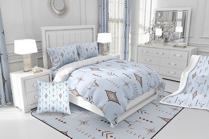 Feelyou Bull Skull Western Bedding Set King Size Ethnic Horns Boho Comforter Kids Adult Tribal Symbol Mysterious Aztec Comforter Set Soft Microfiber