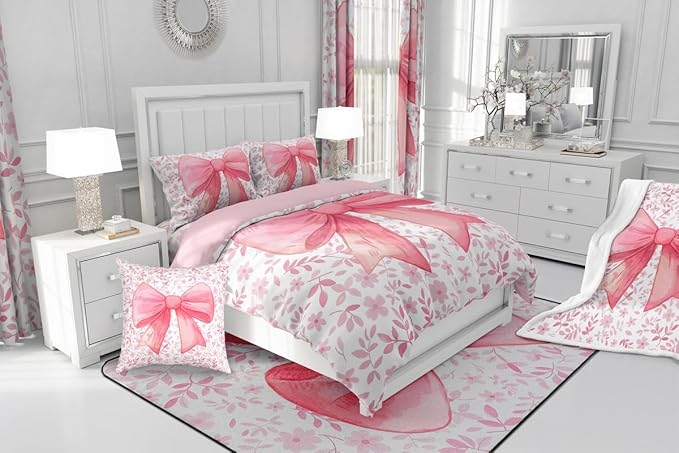 Erosebridal Cute Princess Girls Bedding Comforter Sets Kawaii Bowknot Bedding Set Full for Kids Teen Women,Fantasy Pink White Flower Plant Comforter Set Watercolor Bow Duvet Insert 3 Pcs