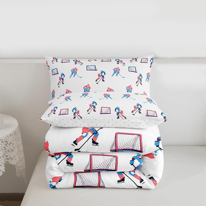 Manfei Hockey Players Girls Bedding Set Twin Size, Comforter Set,Winter Sports Games Quilt Comforter Girls Boys Teens,White Blue Room Decor All Season,1 Pillowcase