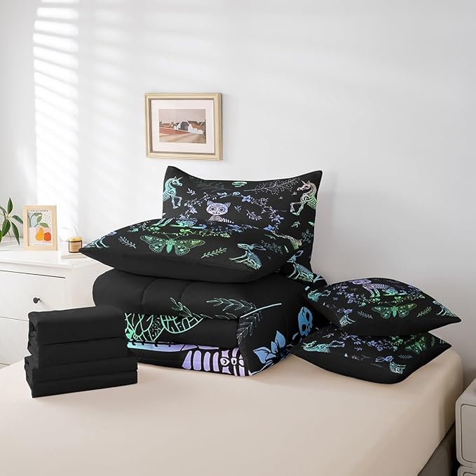 Castle Fairy Cute Cat Bedding Set 7 Pieces,Exotic Animals Skeleton Comforter Set with Sheets for Kids Teens Bedroom Decor,Butterfly Boho Flowers Leaves Bed Set in a Bag with Pillow Covers,Twin