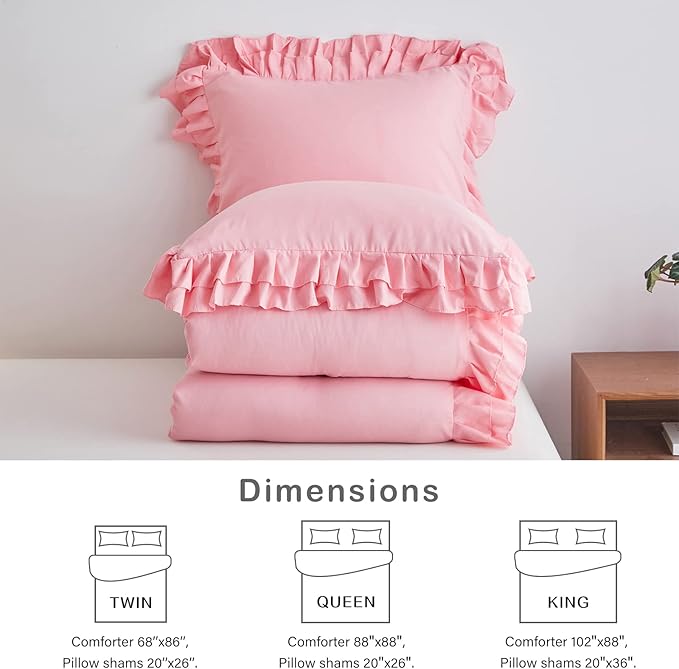 Pink Ruffled Comforter Set Twin Size, 3 Pieces (1 Ruffled Comforter and 2 Pillowcases) Farmhouse Shabby Chic Style with 2 Layers Ruffle, Solid Color Lightweight Soft Fluffy Bedding Sets for Girls