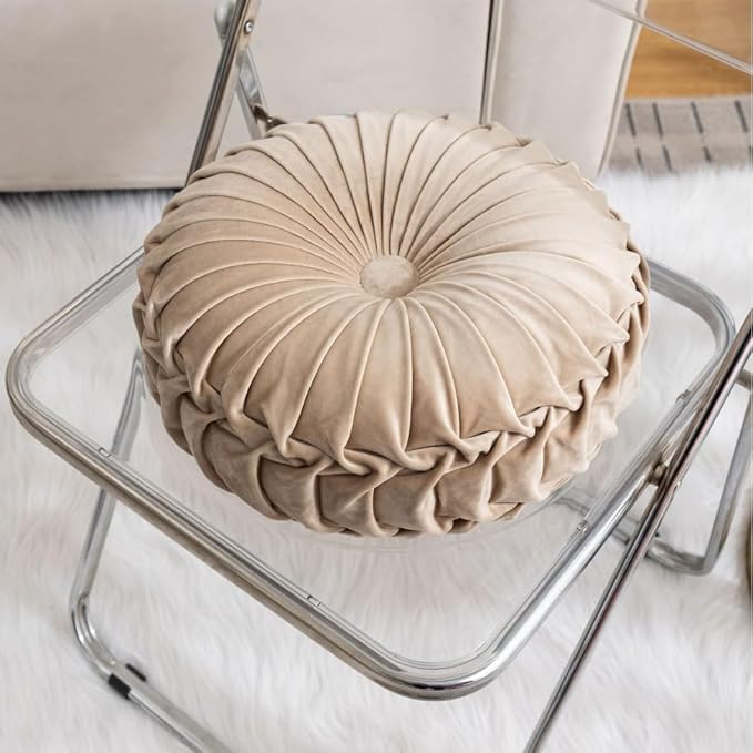 MOCOFO Round Velvet Throw Pillow, Pumpkin Shape Decorative Floor Cushion, Handcrafted Pleated Design, 14 and 16 Inch Diameter, Multiple Colors, Polyester Fill (Camel, 16")