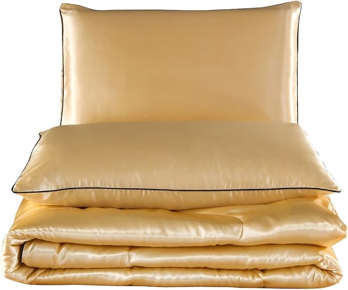 NTBED Sexy Silky Satin Comforter Sets Queen Golden Lightweight Soft Luxury Quilt 3-Pieces Microfiber Bedding Set Yellow (Gold, Queen)