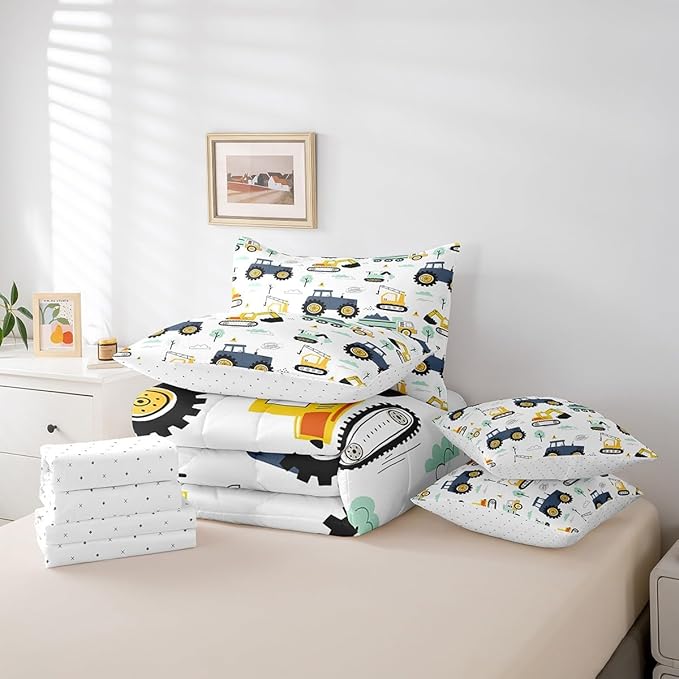 Erosebridal Cartoon Car Kids 7 Pcs Comforter Set Twin,Kids Construction Vehicles Bed in a Bag for Boys Girls Teens,Tractor Machinery Trucks Bedding Set,Excavator Construction Site Cars Fitted Sheet