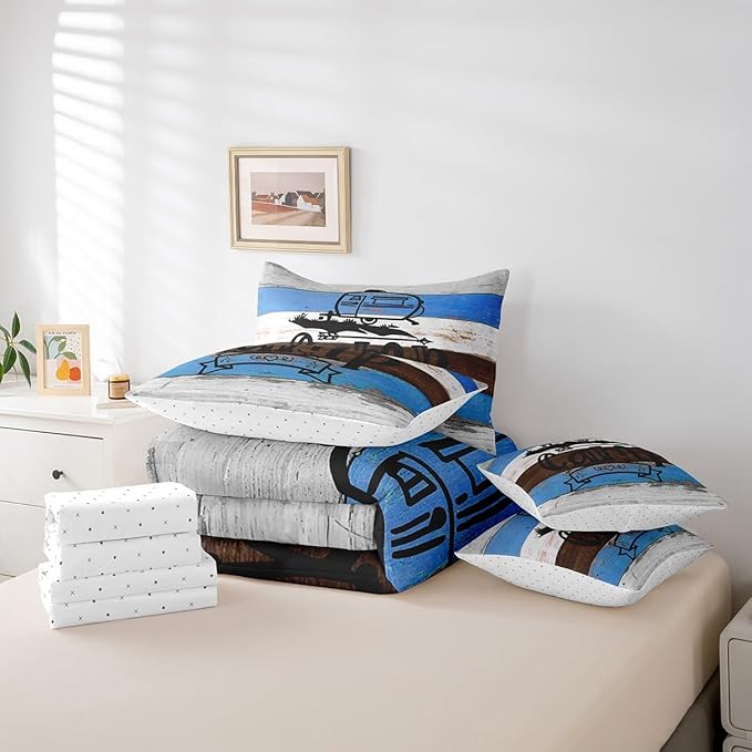 Erosebridal King 7Pcs Happy Camping Comforter Set Bed in a Bag Rv Camper Rules Comforter Set with Wooden Style Sheets(1 Comforter, 1 Flat Sheet 1 Fitted Sheet 2 Pillowcases and 2 Throw Pillow Covers)