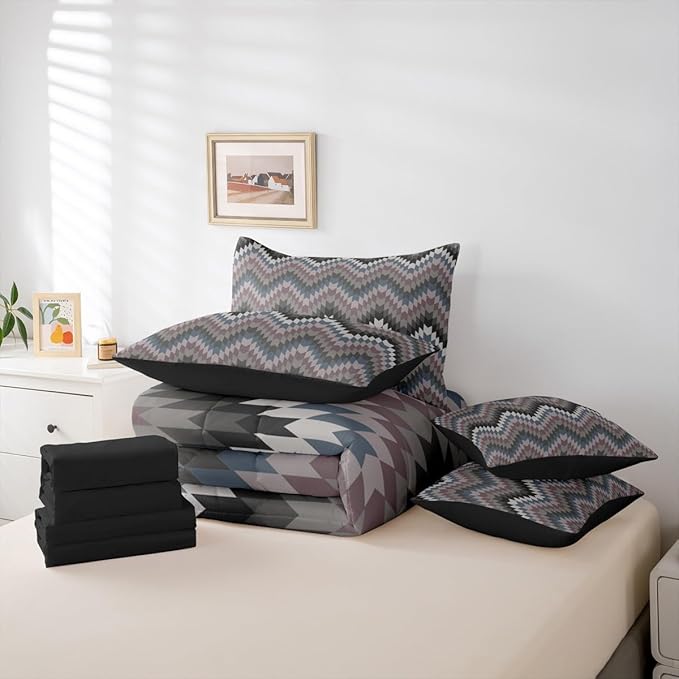 Erosebridal Aztec Geometric Bed in A Bag King 7 Pcs Farmhouse Western Comforter Set for Women Men Country Native American Bedding Sets Black Grey Ethnic Aesthetic Sheet Set with Comforter