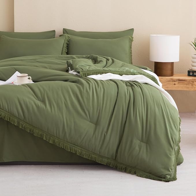 Andency Oversized King Comforter Set Olive Green 120x98-7 Pieces Boho Tassel Bed in a Bag Soft Lightweight Bedding Sets, Fringe All Season Bed Set with Comforter, Sheets, Pillowcases & Shams