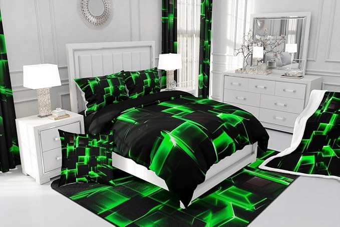 Erosebridal Honeycomb Bedding Set Queen Size, 3D Modern Abstract Square Grid Comforter for Kids Girls Boys Green Neon Light Geometric Print Bed Set Bedroom Decor, 3 Pieces