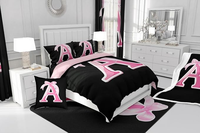 jejeloiu Kids Girls Black Pink Bow Comforter Set with Sheets Full Size Monogrammed 7 Piece Bedding Set Personalized Initial A Bed in a Bag with Comforter,Sheets,Pillowcases Modern Fashion Bed Set