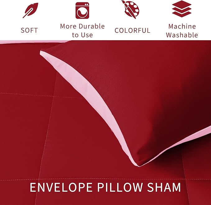 Exclusivo Mezcla Lightweight Reversible Full Queen Size Comforter Set, Down Alternative Comforter with 2 Pillow Sham, Full Queen Size Bedding Set for All Seasons, Red/Pink
