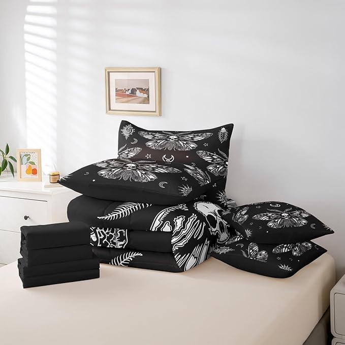 Feelyou Boho Moth Comforter Set King Size 7 Pcs Bohemian Moon Sun Comforter Bed in a Bag Goth Moth Skull Skeleton Bedding Set for Boys Girls Halloween Bed Set with Sheets, Pillowcases, Pillow Covers
