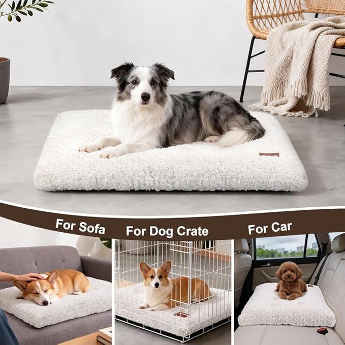 Dog Bed Crate Pad - Rosette Pattern White Velvet Pet Bed Anti-Slip Comfy Kennel Pad for Crates Rosette White L