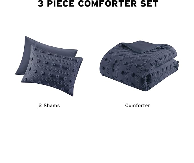Intelligent Design King Comforter Set, Clipped Jacquard Comforter Set Chic Pompoms Accent, All Seasons Lightweight & Fluffy Comforter Bed Set with 2 Shams, Lucy, King/Cal King Navy 3 Piece