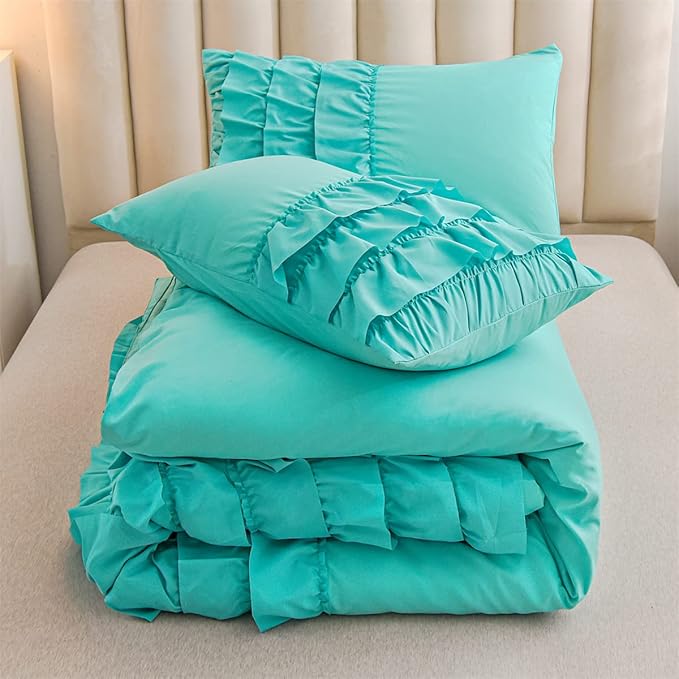 Holawakaka Aqua Waterfall Ruffle Comforter Set Full Size Multi-Layers Ruffled Shabby Chic 3PCS Bedding Set for Girls Women, Kids Teens Ruched Dorm Bed Set
