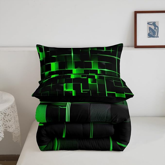 Erosebridal Green Black Comforter Set King Size Neon Geometric Kids Bedding Set 3 Pcs Honeycomb Bed Sets Modern Quilt,1 Comforter 2 Pillow Cases Cool Room Decor, Bside Black
