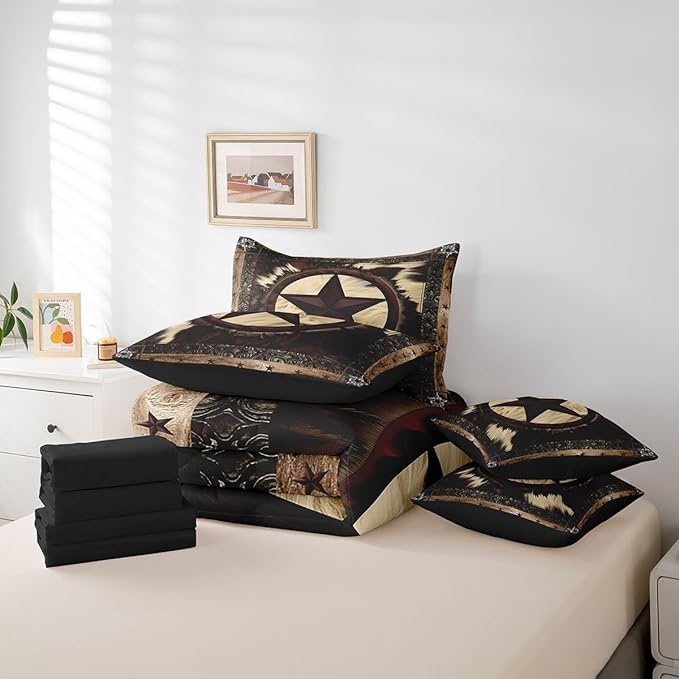 Erosebridal 7 Pcs Rustic Cow Comforter Set Full Size,Western Texas Star Bed in a Bag with Flat Fitted Sheet for Cowboy Cowgirl,Cowhide Cow Print Bedding Set with Pillowcases and Cushion Cases