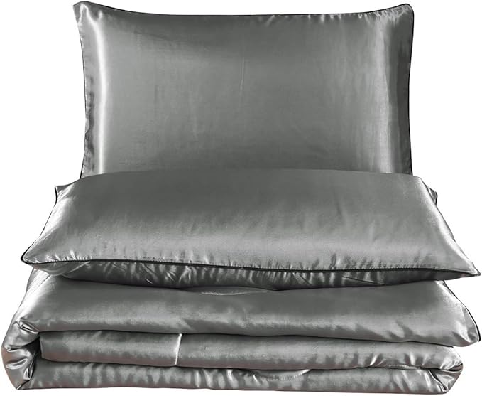 NTBED Silky Satin Comforter Set Queen Silver, Luxury Soft Microfiber Bedding Lightweight Sexy Wave Quilted Blanket Set with 2 Pillow Covers for Summer Spring Autumn