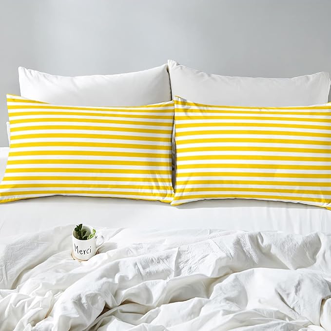 Stripe Bedding Set Yellow White Striped Comforter Set Queen Farmhouse Ticking Stripes Down Comforter Gothic Home Decor Horizontal Stripes Geometric Lines Reversible Duvet Set Kids Girls Women