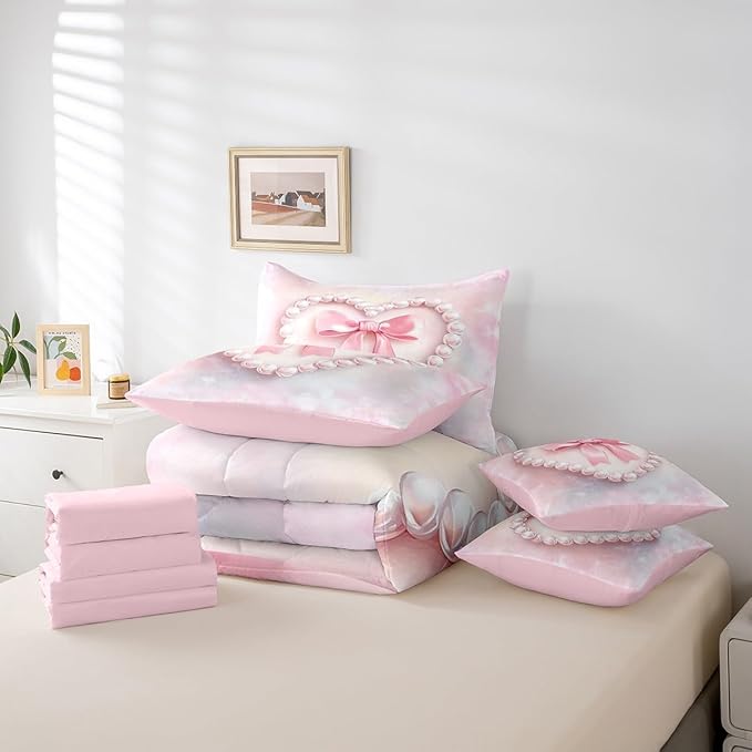 jejeloiu Girls Silk Bow 7 Piece Bedding Set Full Size Pink Pearl Comforter Set with Sheets for Kids Women Princess Style Bed in a Bag Pink Ombre Bed Set
