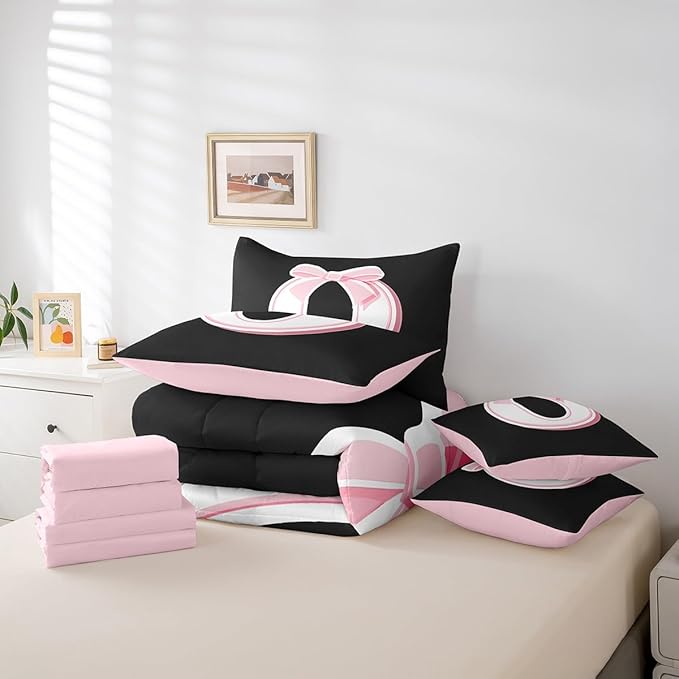 jejeloiu Kawaii Pink Bow Twin Comforter Set with Sheets,Gifts for Women Teen Girl,Monogrammed 7 Piece Bedding Set,Soft Personalized Initial Letter O Bed in a Bag with Comforter,Sheets,Pillowcases