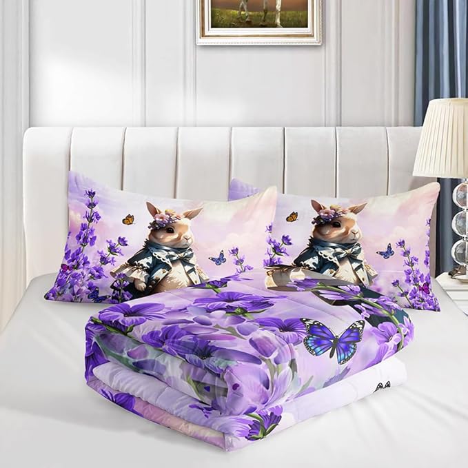 Lavender Rabbit Comforter Queen Kids Rabbit Bedding Set Cute Bunny Quilt Bed Set Bedroom Decor Includes 1 Comforter, 2 Pillowcases for Girls Boys Teens