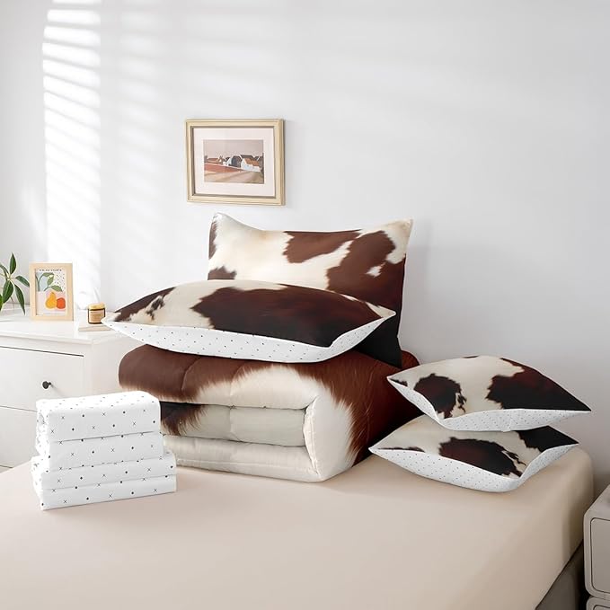 Erosebridal 7 Pieces Cowhide Fur Bedding Twin Size Brown Beige Cow Printed Comforter Set, Wildlife Skin Hair Bedding Comforter Sets Western Aztec Bed in a Bag, Cowboy Cowgirl Bedding Accessories