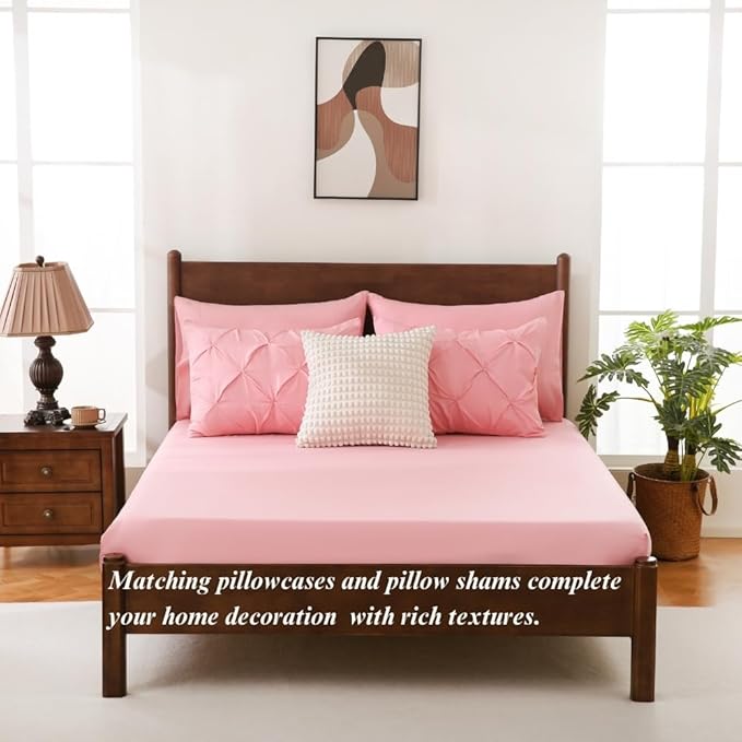 Sheet&Joy King Size Comforter Set, 7-Piece Bed in a Bag, Pintuck Bedding Set for All Season, Includes Comforter, Flat Sheet, Fitted Sheet, Pillowcases and Pillowshams, Pink