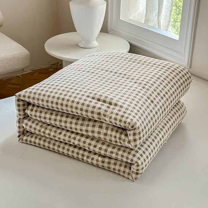 NSNLGSGC Tan Gingham Cotton Comforter Set King, 100% Washed Cotton Taupe Plaid Checked Comforter Bedding, 3 Pieces Vintage Farmhouse Grid Bedding Set(Tan Gingham, King)