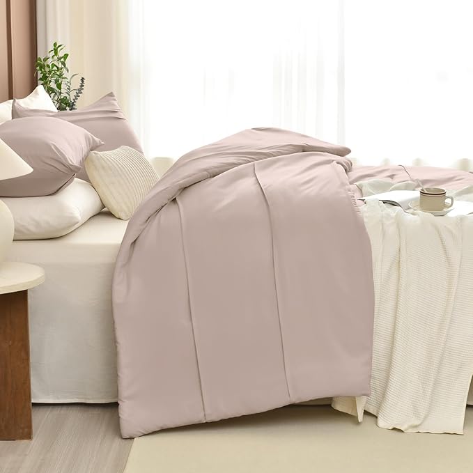 Masaca Oversized King Size Comforter 128x120,3 Pieces Vintage Farmhouse Pinch Pleat Bedding Comforter Set Lightweight Ultra Soft Rustic Boho Bedding (1 Taupe Comforter +2 Pillowcases)