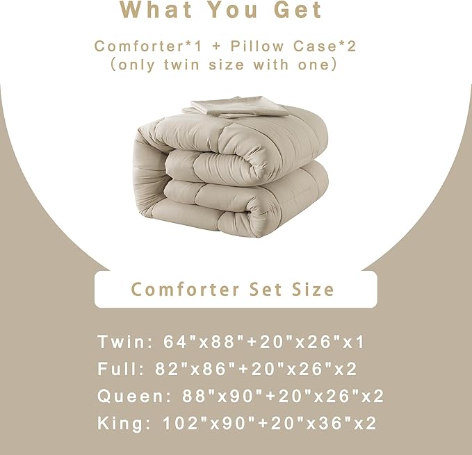 DOWNCOOL King Size Comforter Set -All Season Bedding Comforters Sets with 2 Pillow Cases -3 Pieces Bed Set Down Alternative King Bedding Set -Beige King Comforter Set(102"x90")