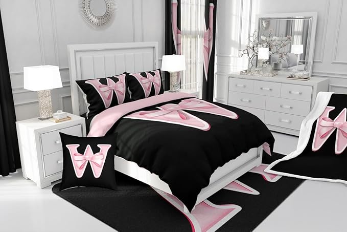 jejeloiu Kawaii Pink Bow Full Comforter Set with Sheets,Gifts for Women Teen Girl,Monogrammed 7 Piece Bedding Set,Soft Personalized Initial Letter W Bed in a Bag with Comforter,Sheets,Pillowcases
