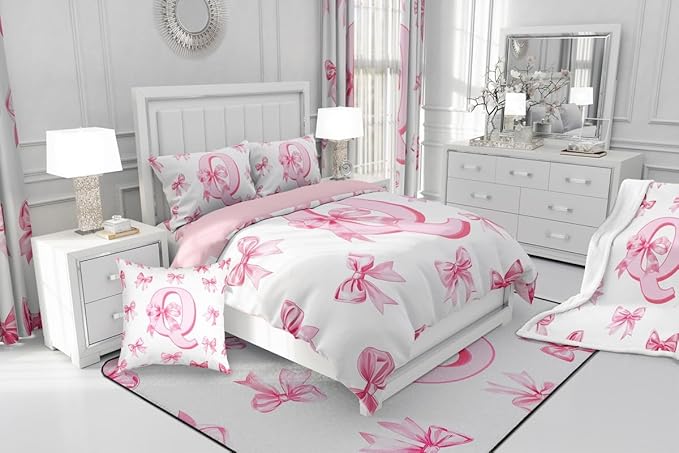 Erosebridal Pink Dreamy Princess Style Queen Bedding Set for Kids Girls Teen,Initial Letter Q Comforter Set Cute Kawaii Bowknot Bedding Comforter Sets Romantic Watercolor Bow Quilt Duvet