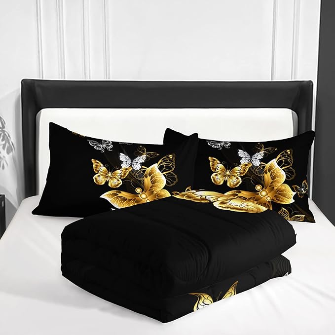 Butterfly Comforter Set for Adults Black and Gold Butterfly Bedding Set Aesthetics Butterflies Quilt Duvet Set Queen Size with 1 Comforter and 2 Pillowcases