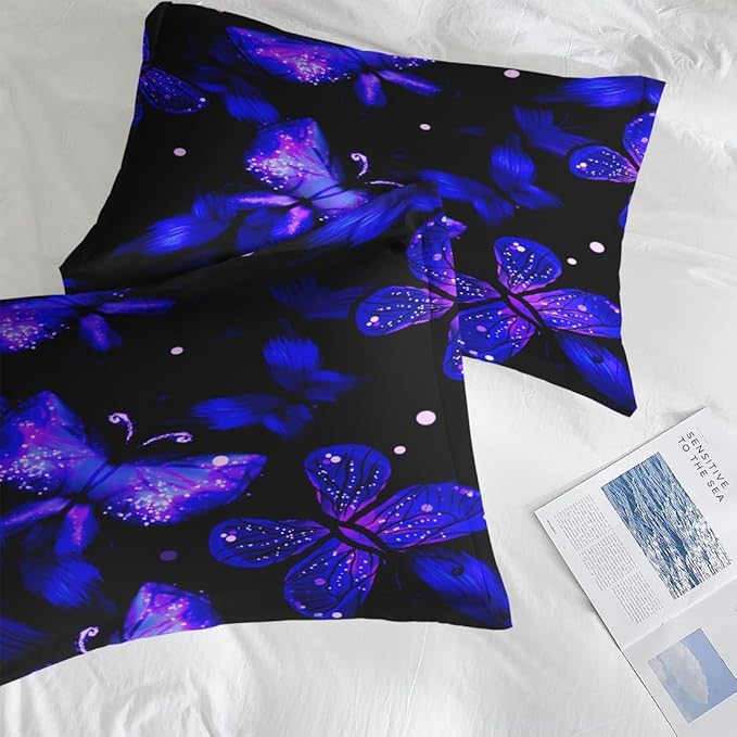Comforter Set Full Size, Purple Blue Galaxy 7 Pcs Bedding for Kids and Adults, Butterfly Flower Summer Bed Sheet Sets with Fitted Sheet 2 Pillowcases & 2 Shams for Bedroom Bed Decor
