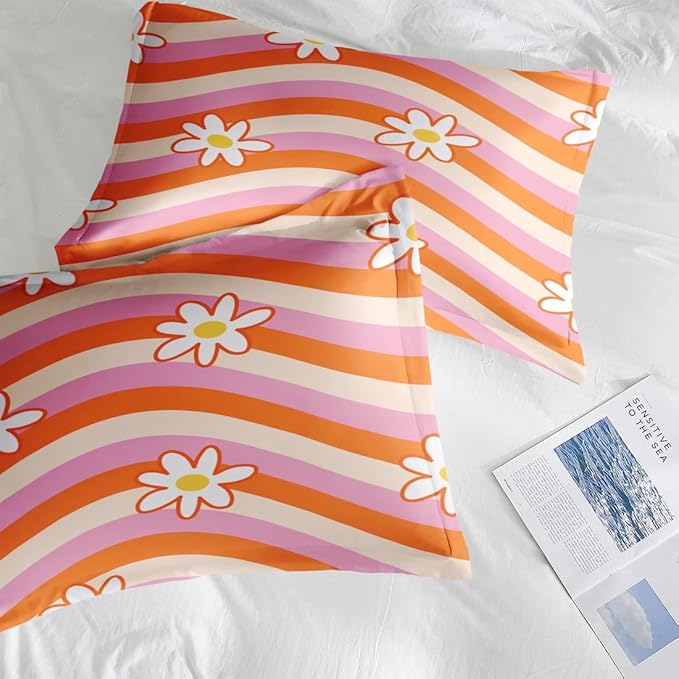Comforter Set Full Size, Daisy Retro Orange Soft 3 Pcs Bedding for Kids and Adults, Pink Hippie Aesthetic Comforter Set with 2 Pillowcases, for Bedroom Bed Decor