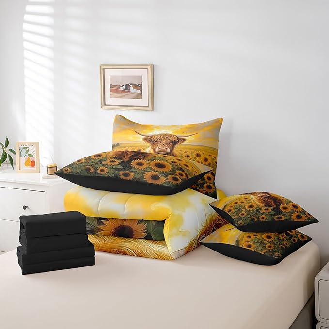 Erosebridal 7Pcs Highland Cow Decor Queen Comforter Set Sunflower Cow Print Bedding Rustic Animal Farmhouse Theme Comforter + Flat Sheet + Fitted Sheet + 2 Pillowcases + 2 Throw Pillow Covers