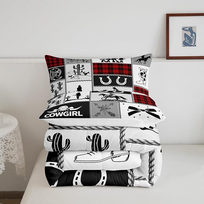 Western Cowgirl Kid Comforter Set Queen Size,Cactus Horseshoe Cow Skull Geometric Patchwork Bedding Set,Girls Women Room Decor,Bowknot Arrow Boho Down Comforter,Red Xmas Duvet Insert,2 Pillowcases