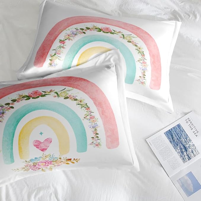 Comforter Set Queen Size, Cute Heart Pink Rose 7 Pcs Bedding for Kids and Adults, Rainbow Leaves Vintage Bed Sheet Sets with Fitted Sheet 2 Pillowcases & 2 Shams for Bedroom Bed Decor
