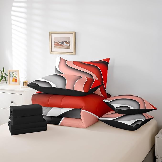 Erosebridal Red Pink Grey Ombre Bed in a Bag 7-Piece for Girls Geometric Stripe Bedding Set, Aesthetic Wave Full Size Comforter Set Modern Abstract Bedding Comforter Sets, Gradient Bed Set