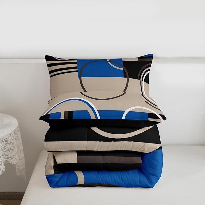 Modern Circles Swirls Comforter Queen Size Geometric Spiral Square Bedding Set Blue Black Grey Comforter Set Abstract Gromment Plaid Quilted Duvet Chic Graphic Texture Artwork Quilt Comforter, 3Pcs