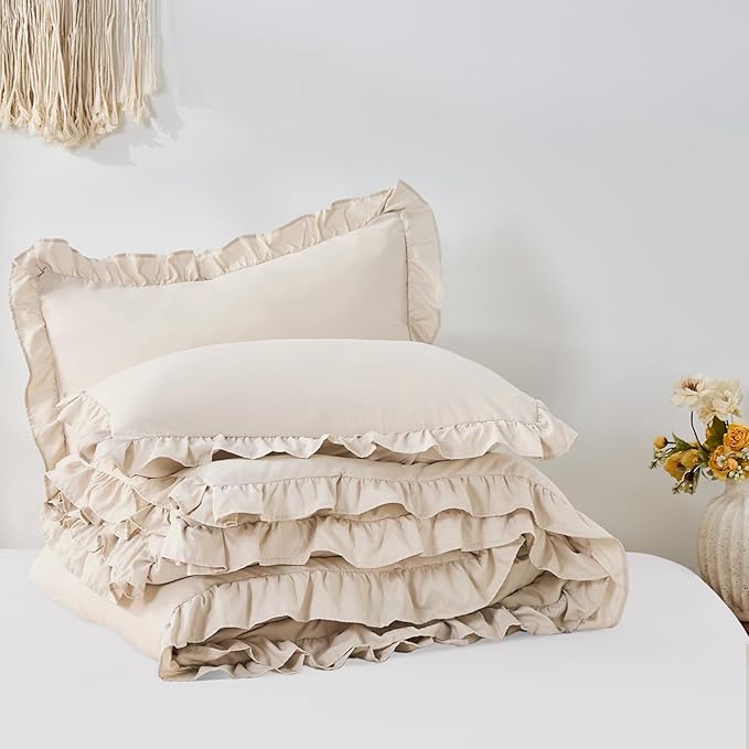 FUANNA Queen Comforter Set Beige 3 Pieces, Ruffle Shabby Chic Queen Bed Set, Fluffy Lightweight Soft Bed in a Bag Queen for All Seasons, Farmhouse Bedding Comforter Sets(1 Comforter & 2 Pillowshams)