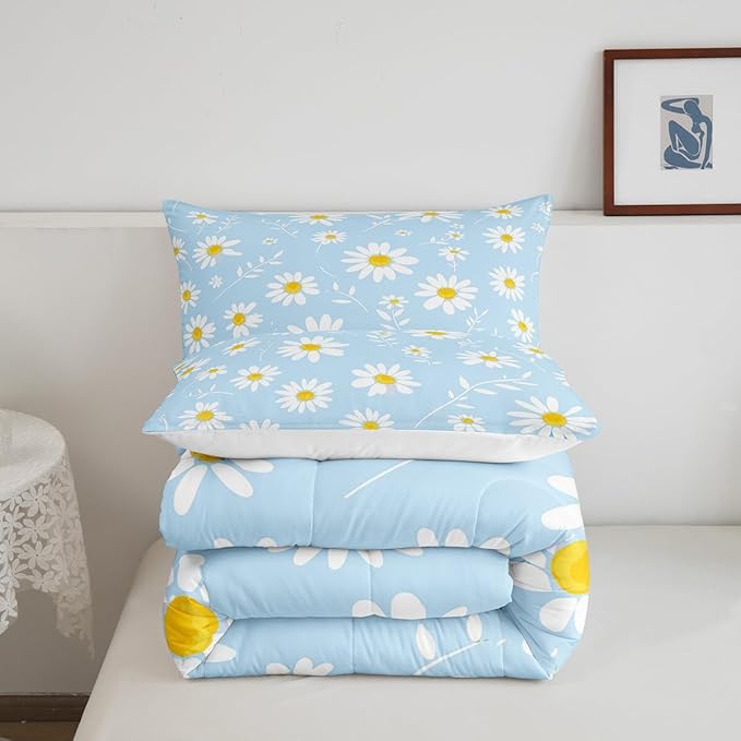Manfei Daisy Comforter Set King Size, White Flower Leaves Bedding Set 3pcs for Kids Boys Girls Bedroom Decor, Botanical Garden Artwork Quilt Set Soft Polyester Duvet Set with 2 Pillowcases