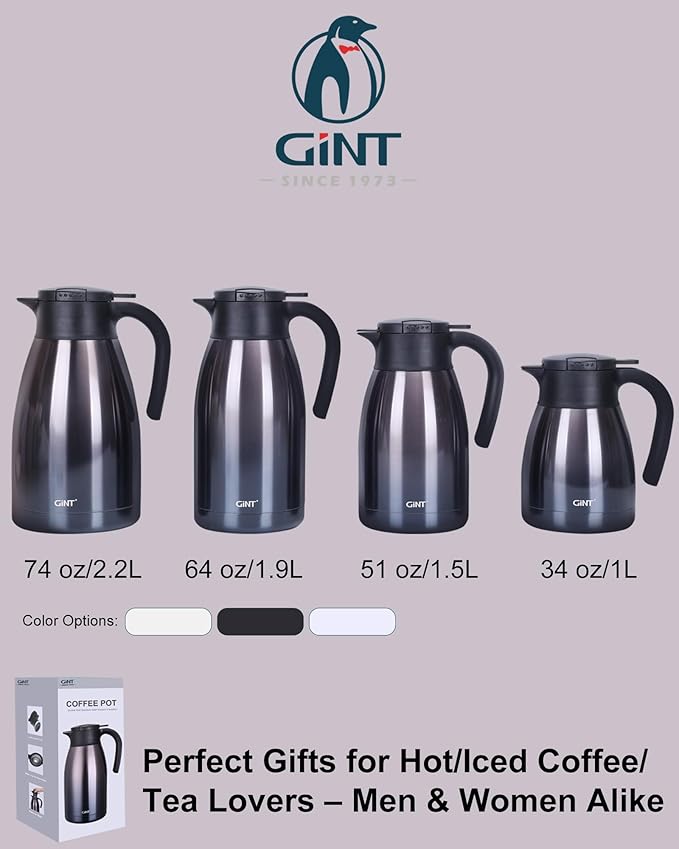 GiNT 1.9L / 64Oz Thermal Coffee Carafe, Insulated Stainless Steel Coffee Carafes for Keeping Hot/Double Walled Vacuum Thermal Carafe (Purple)