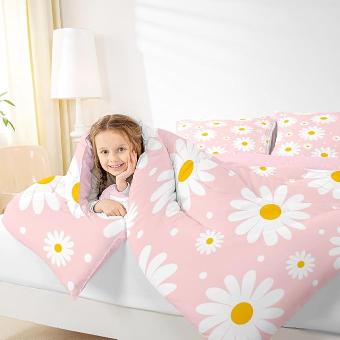 Erosebridal Flower Comforter Set Pink Daisy Floral Girls Full Bedding Set Cute Cartoon Flowers Comforter for Kids Teen Women Bedroom All Season,Kawaii Bed Set with 2 Pillowcases