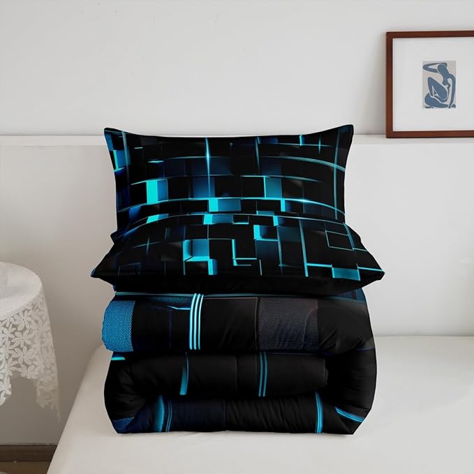 Erosebridal Neon Turquoise Black Comforter Set Full Size 3 Piece Geometric Kids Bedding Set Honeycomb Comforter for Teens Women Adult Bedroom Decor, Aesthetics Modern Quilt