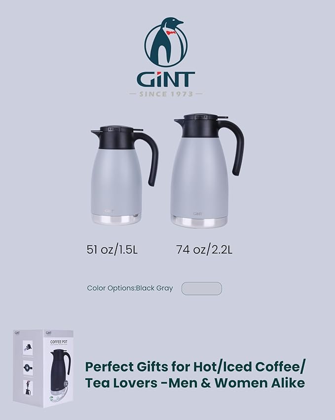 GiNT 51oz Thermal Coffee Carafe with Infuser – Insulated Tea Carafe, Removable Filter, Dishwasher-Safe | 1.5L 6–7 Cups, Wide Mouth, Leak-Proof Seal | Stainless Steel Beverage Server for Home & Office