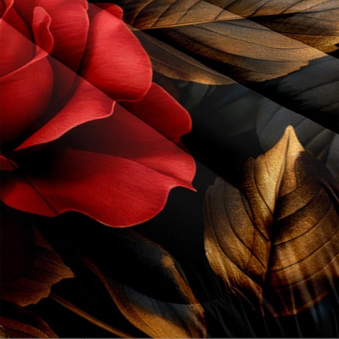 Floral Comforter Set Queen Black Red Botanical Flower Bedding Set Modern Aesthetic Bedding Sets Soft Lightweight Microfiber Comforter Sets for All Season