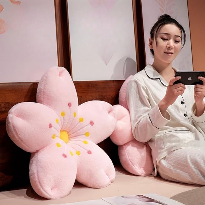 Plush Cherry Blossom Throw Pillow, Cute Pink Sakura Flower Cushion for Bedroom Study Living Room Sofa Chair, Cute Floral Home Decor for Women (Pink Flower core, 17.7 inch)